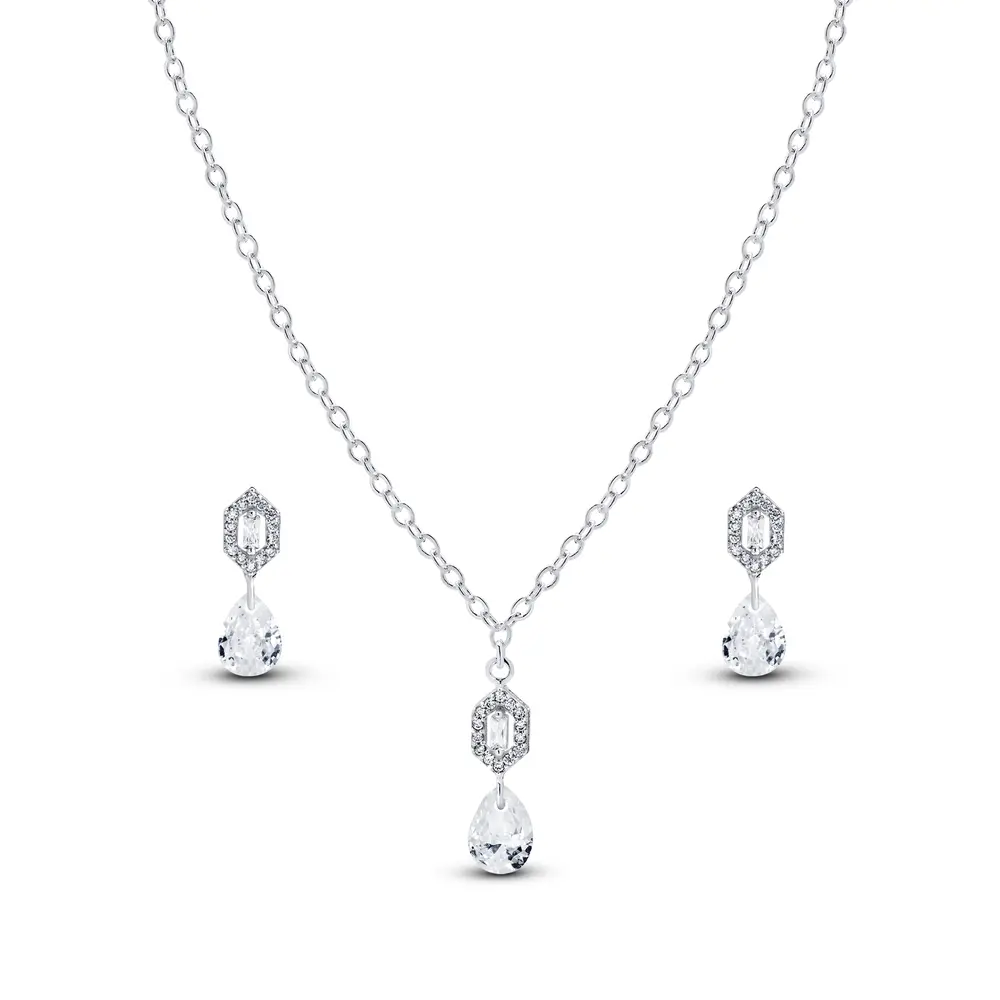 Conjunto Prata Leve Sun Hexágono e Gota em Zircônia