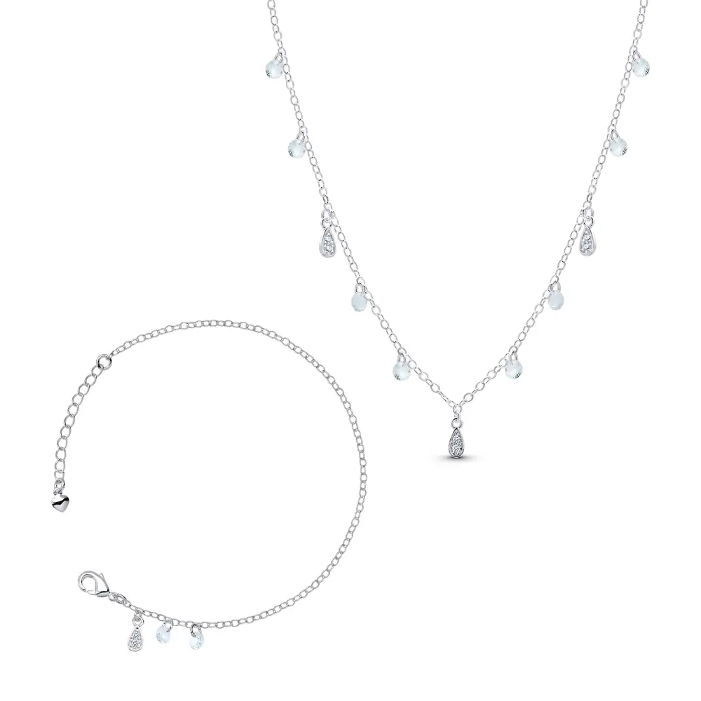 Conjunto Prata Leve Sun Gotas Azuis e Zircônias