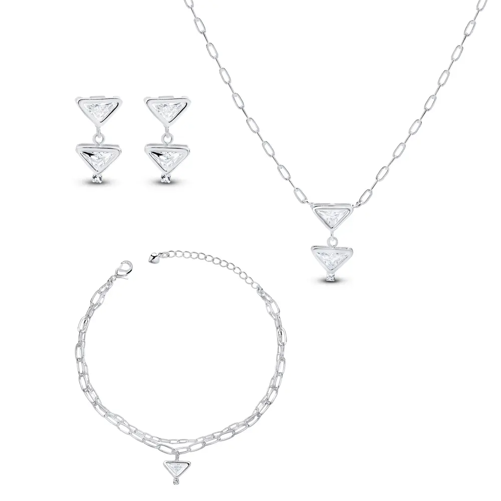 Conjunto Prata Leve Sun Dois Triângulos