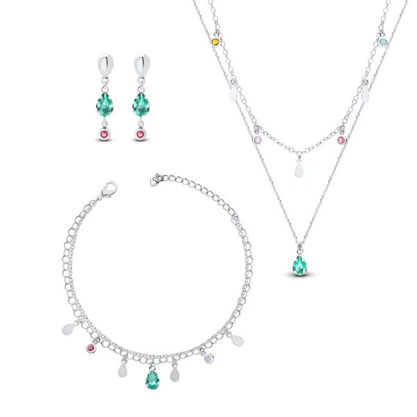 Conjunto Prata Leve Sun Dupla Gota Verde Água