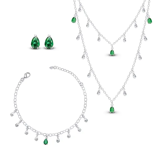 Conjunto Prata Leve Sun Gota Verde