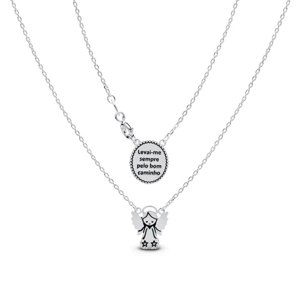 Escapulario Prata Anjo Da Guarda Com Oração 40cm com Fecho