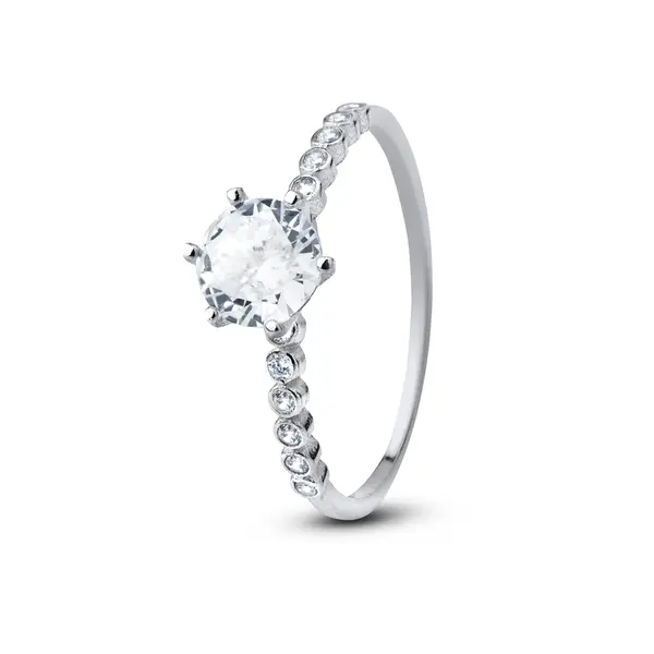 Anel Prata Solitário Zircônias Laterais e Grande Central