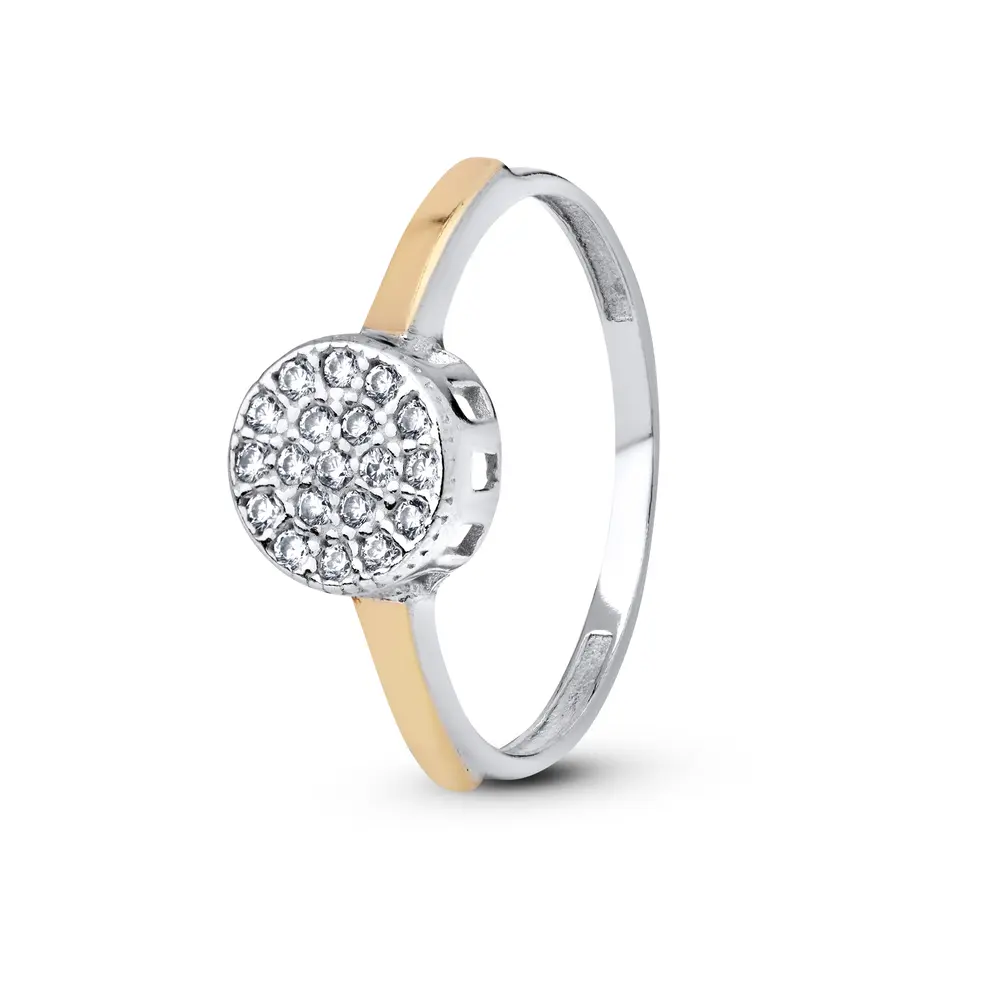 Anel Prata com Aplique em Ouro 10K Solitário Redondo Cravejado