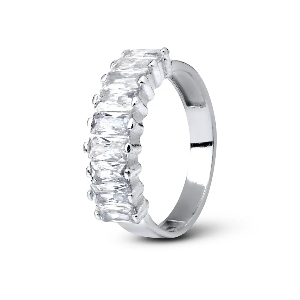 Anel Prata Meia Aliança Diva Zircônias Retangulares