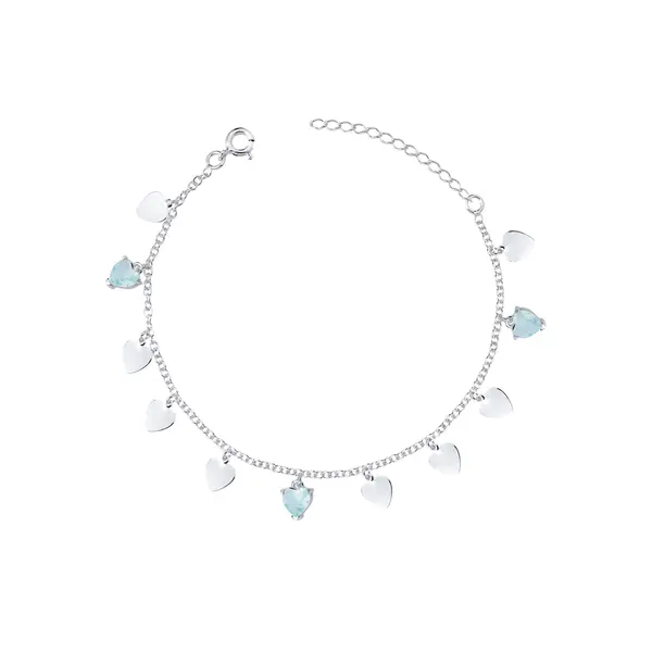 Pulseira Prata Corações Lisos e Zircônias Azuis