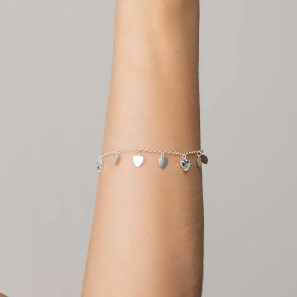 Pulseira Prata Corações Lisos e Zircônias Azuis