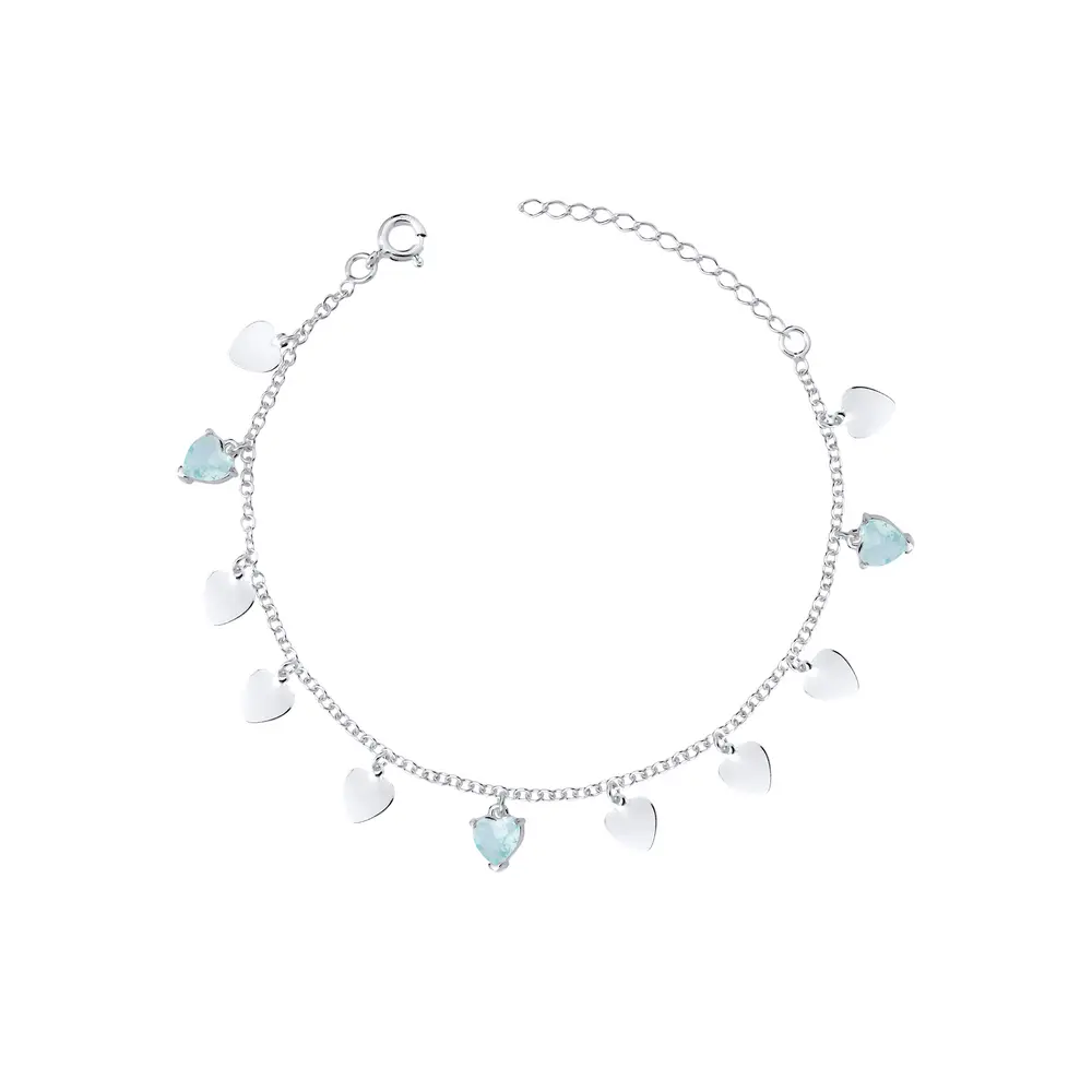 Pulseira Prata Corações Lisos e Zircônias Azuis