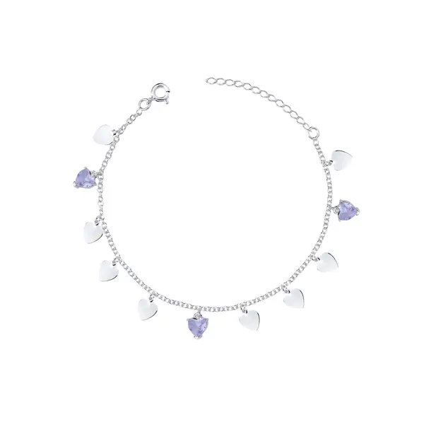 Pulseira Prata Corações Lisos e Zircônias Lilás