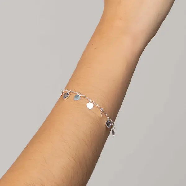 Pulseira Prata Corações Lisos e Zircônias Lilás