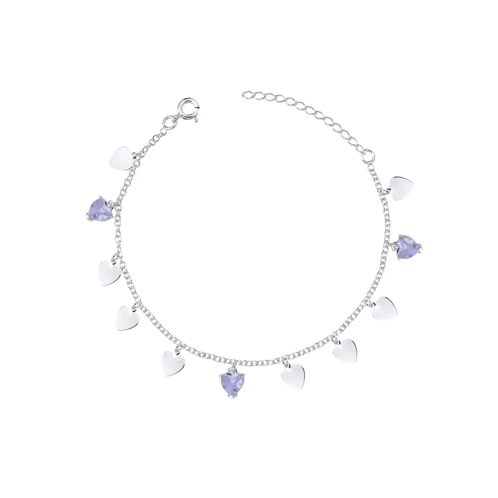 Pulseira Prata Corações Lisos e Zircônias Lilás