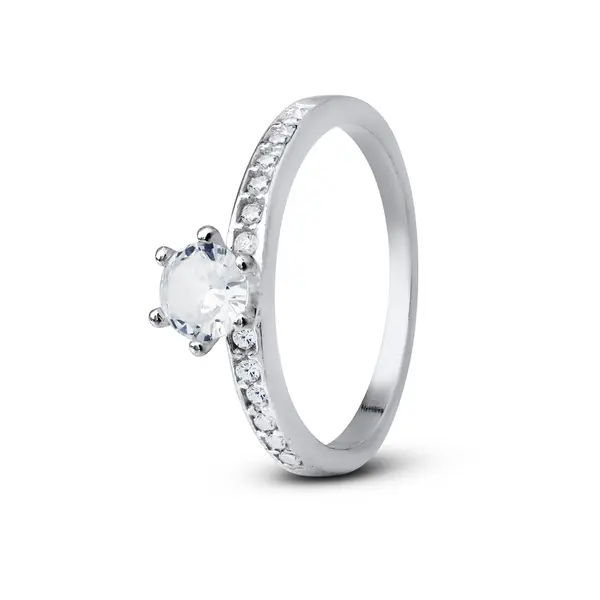 Anel Prata Solitário com Zircônias Laterais e Grande Central