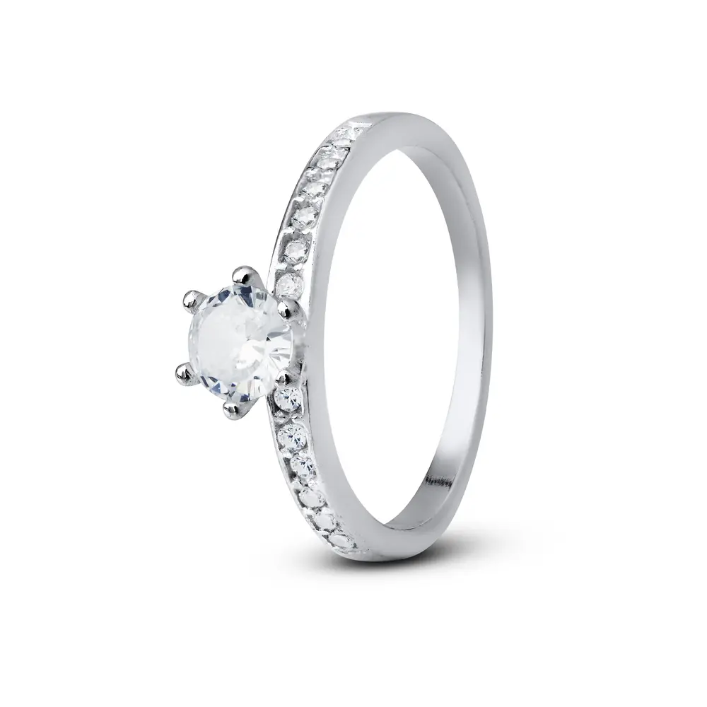 Anel Prata Solitário com Zircônias Laterais e Grande Central