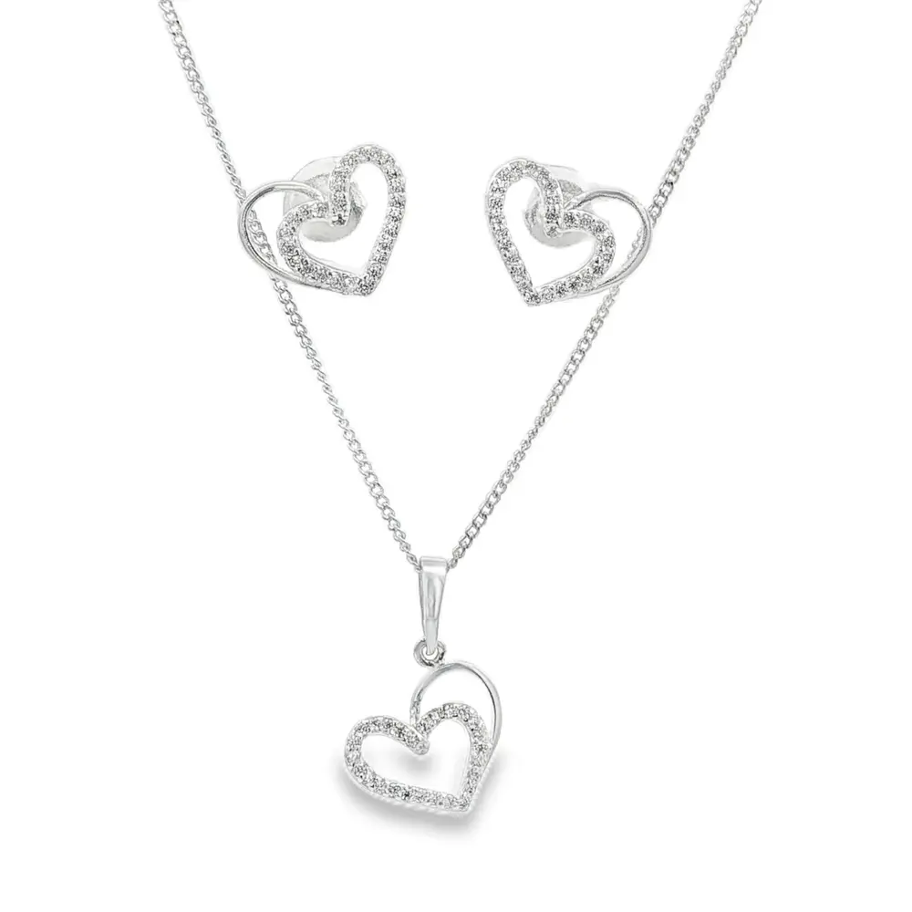 Conjunto Prata Coração com Zircônias