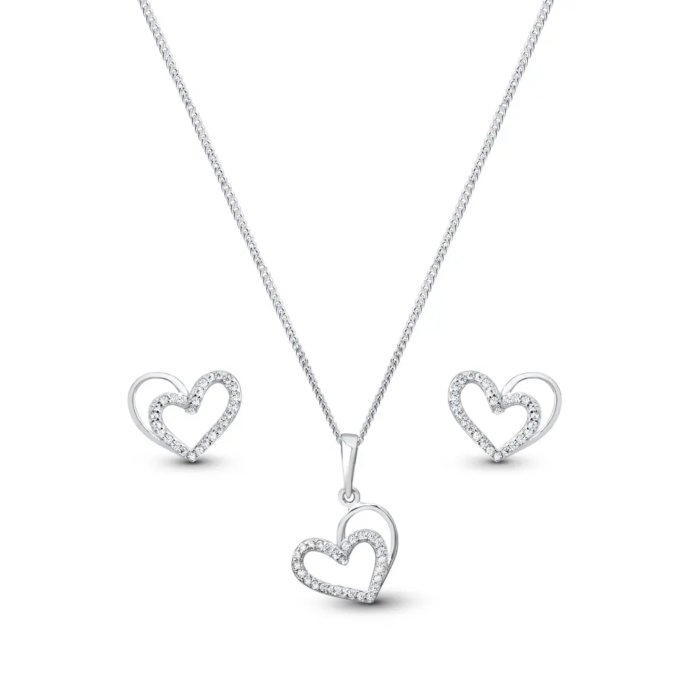 Conjunto Prata Coração com Zircônias