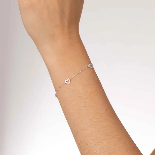 Pulseira Prata Corações com Zircônias