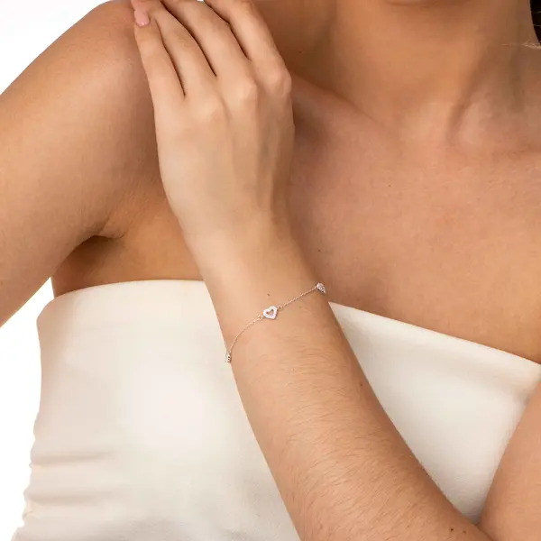 Pulseira Prata Corações com Zircônias
