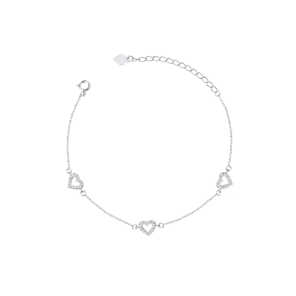 Pulseira Prata Corações com Zircônias