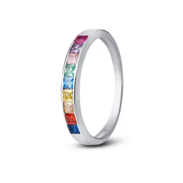 Anel Prata Zircônias Quadradas Coloridas