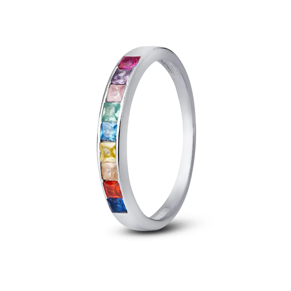 Anel Prata Zircônias Quadradas Coloridas