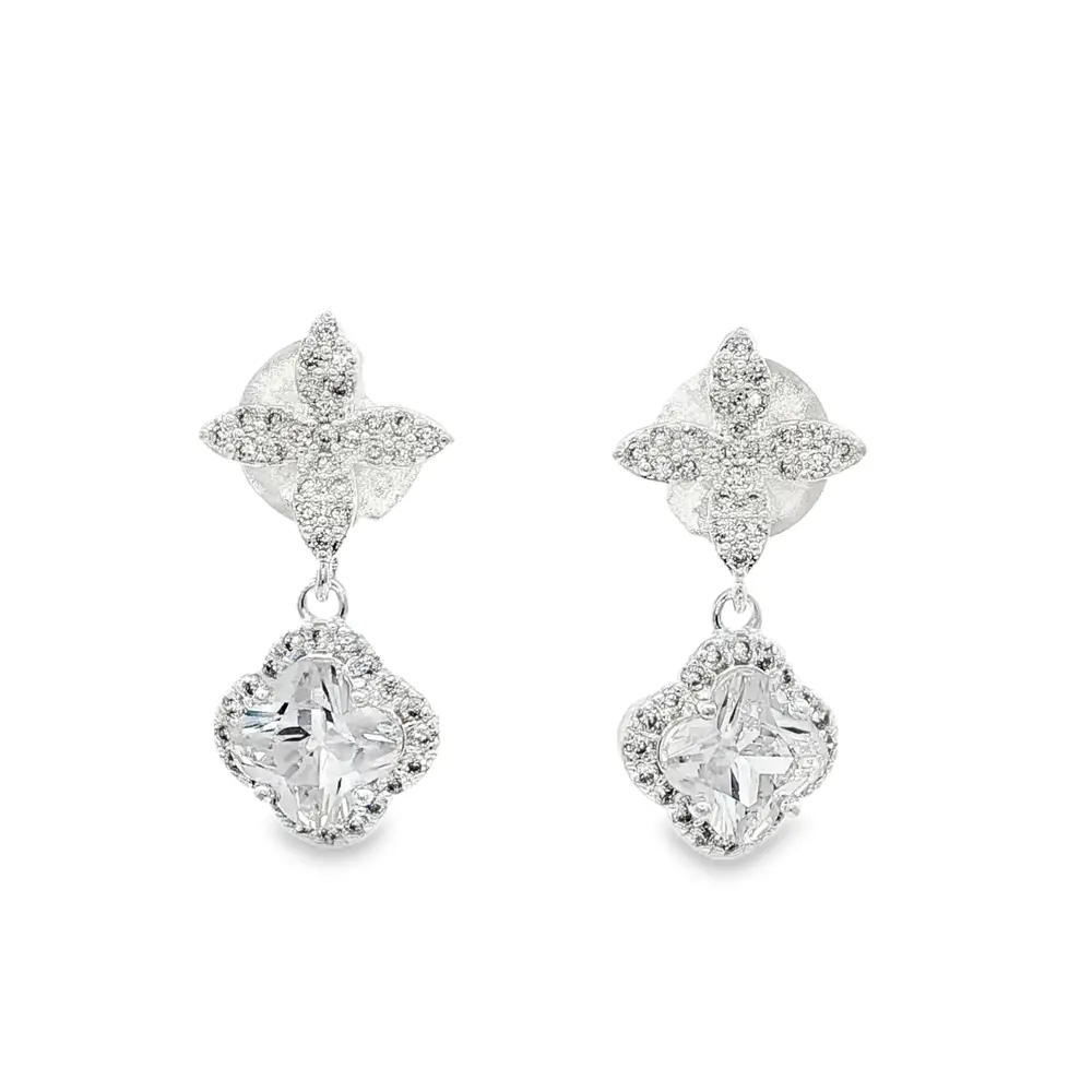 Brinco Prata Leve Flor de Zircônias Pendente