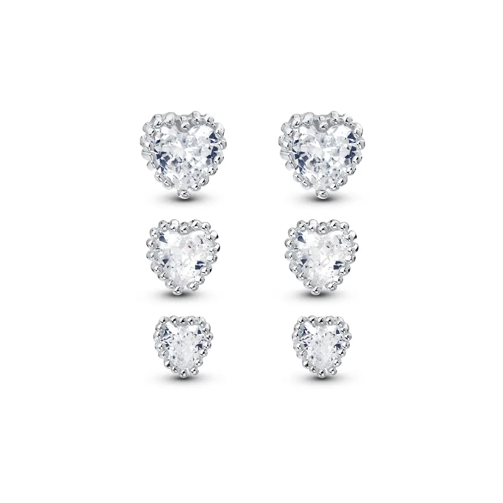 Brinco Prata Leve Trio Corações com Zircônias