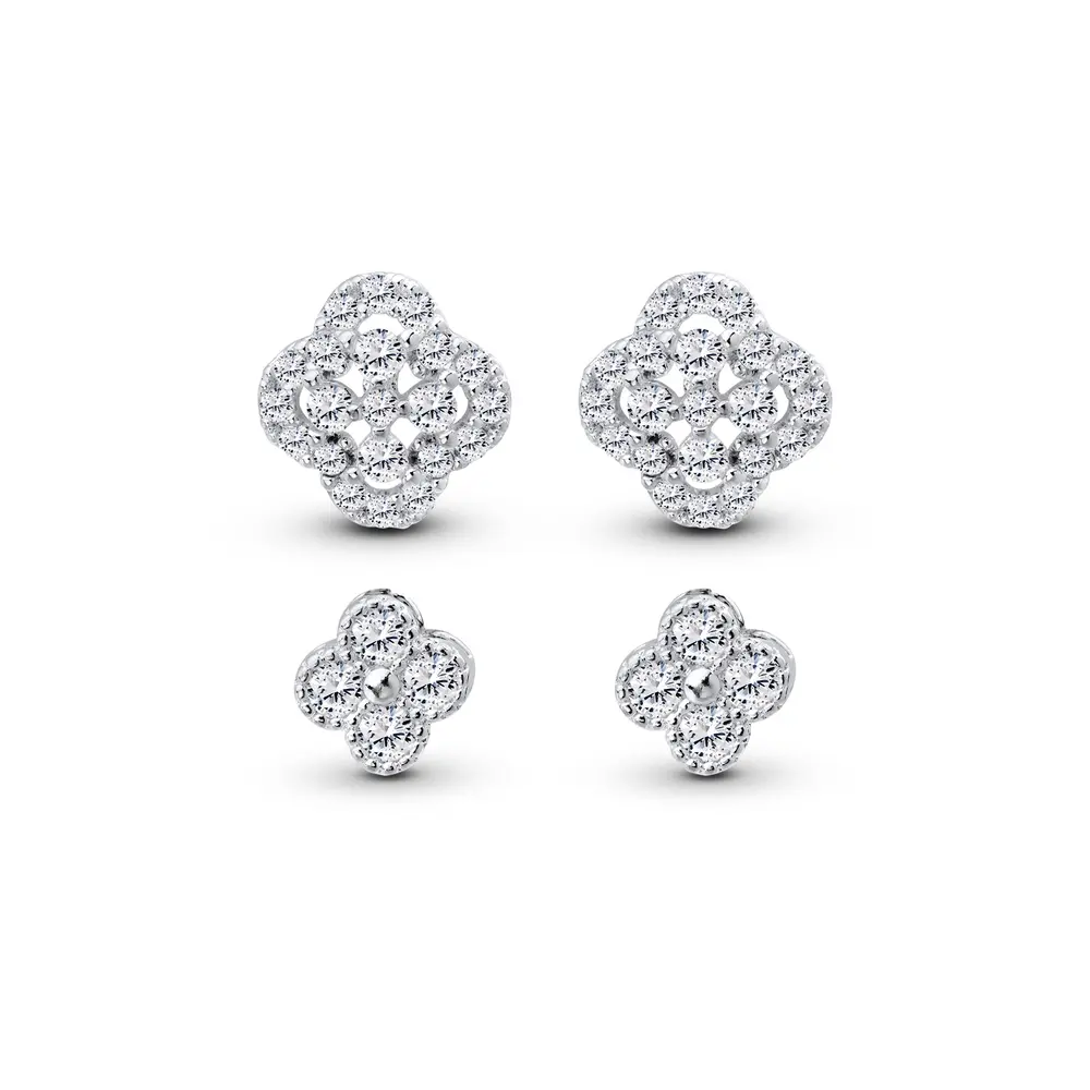 Brinco Prata Leve Duplo Flor em Zircônias