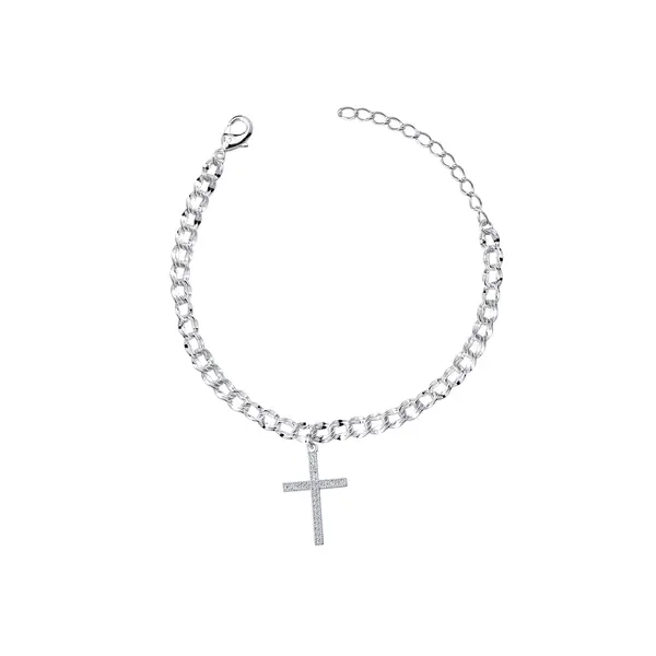 Pulseira Prata Leve Elos Duplos com Cruz em Zircônias