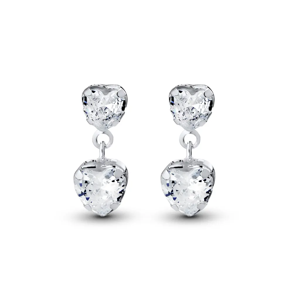 Brinco Prata Leve Dois Corações em Zircônia