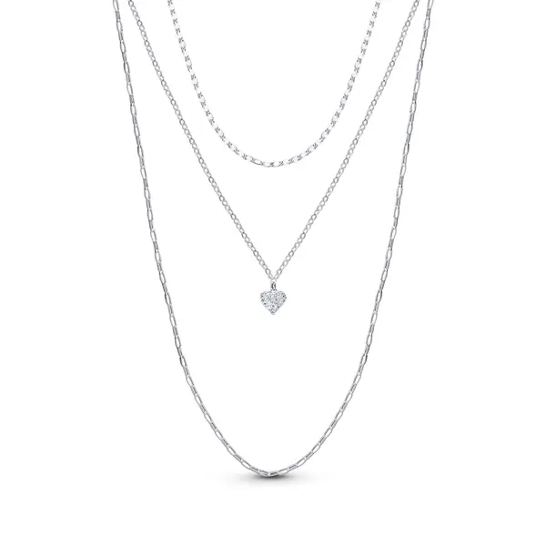 Gargantilha Prata Leve Tripla com Coração Cravejado