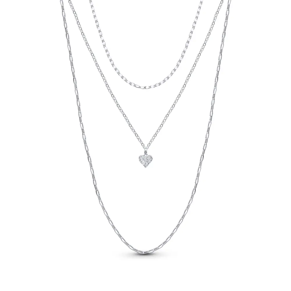 Gargantilha Prata Leve Tripla com Coração Cravejado