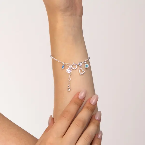 Pulseira Prata Leve Coração Olho Grego e Trevo