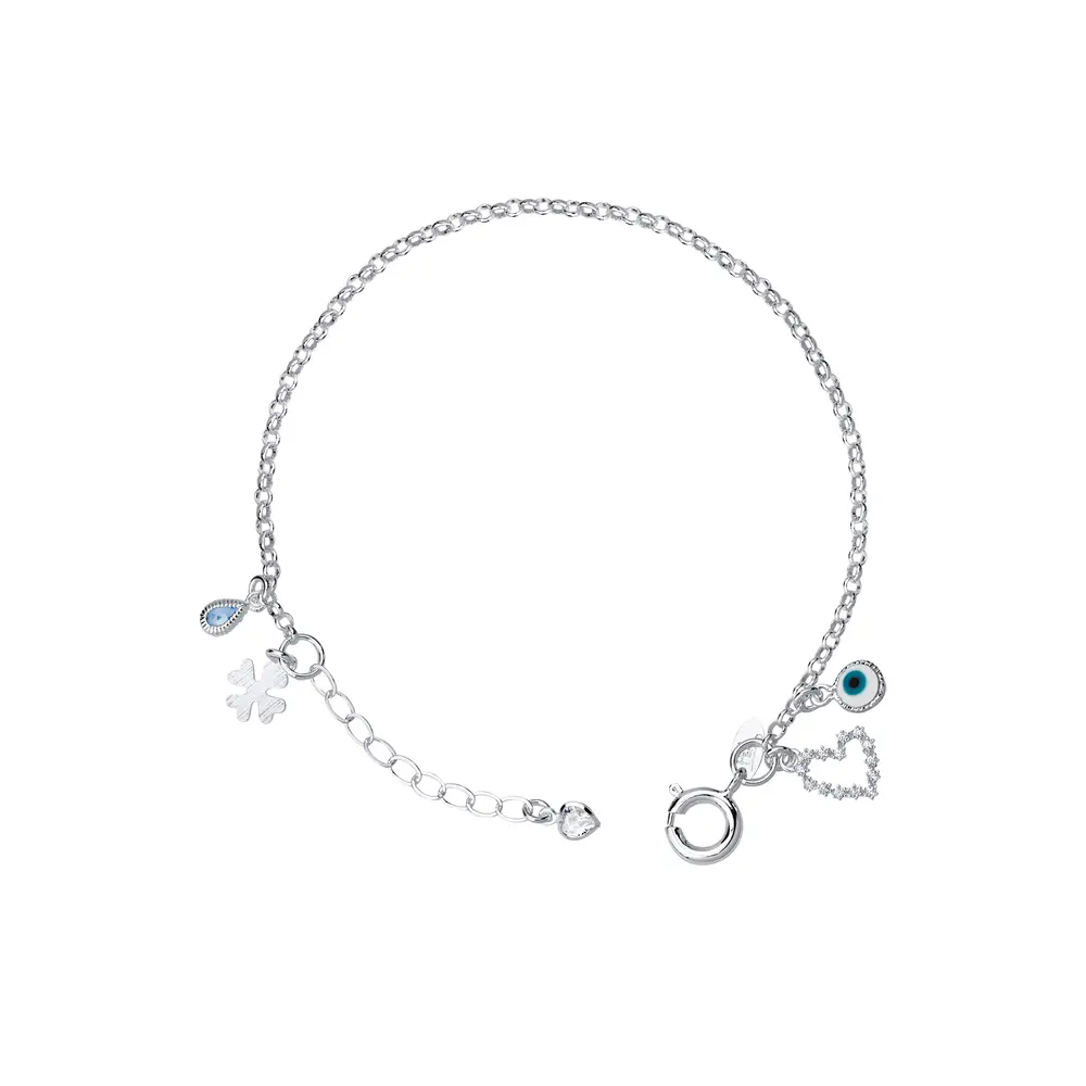 Pulseira Prata Leve Coração Olho Grego e Trevo