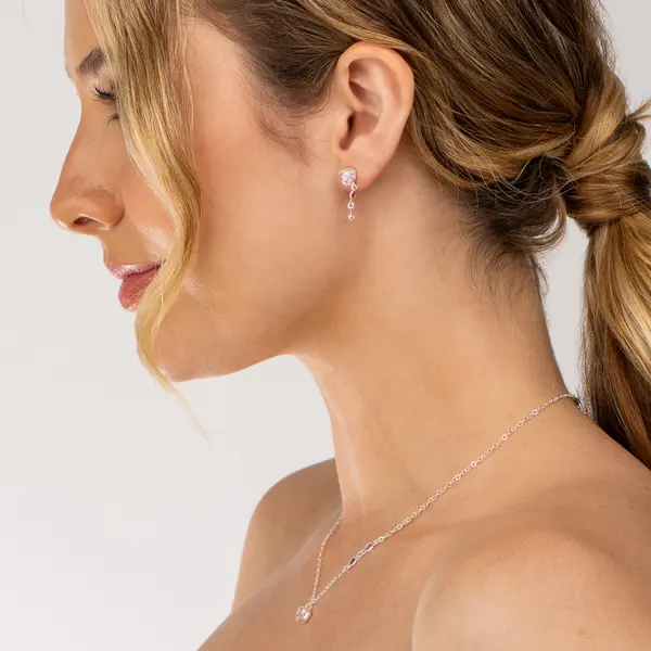 Conjunto Prata Leve Coração com Zircônia Rosa