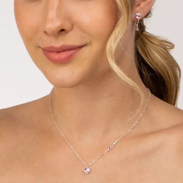 Conjunto Prata Leve Coração com Zircônia Rosa