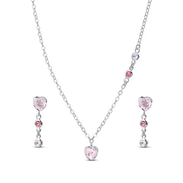 Conjunto Prata Leve Coração com Zircônia Rosa