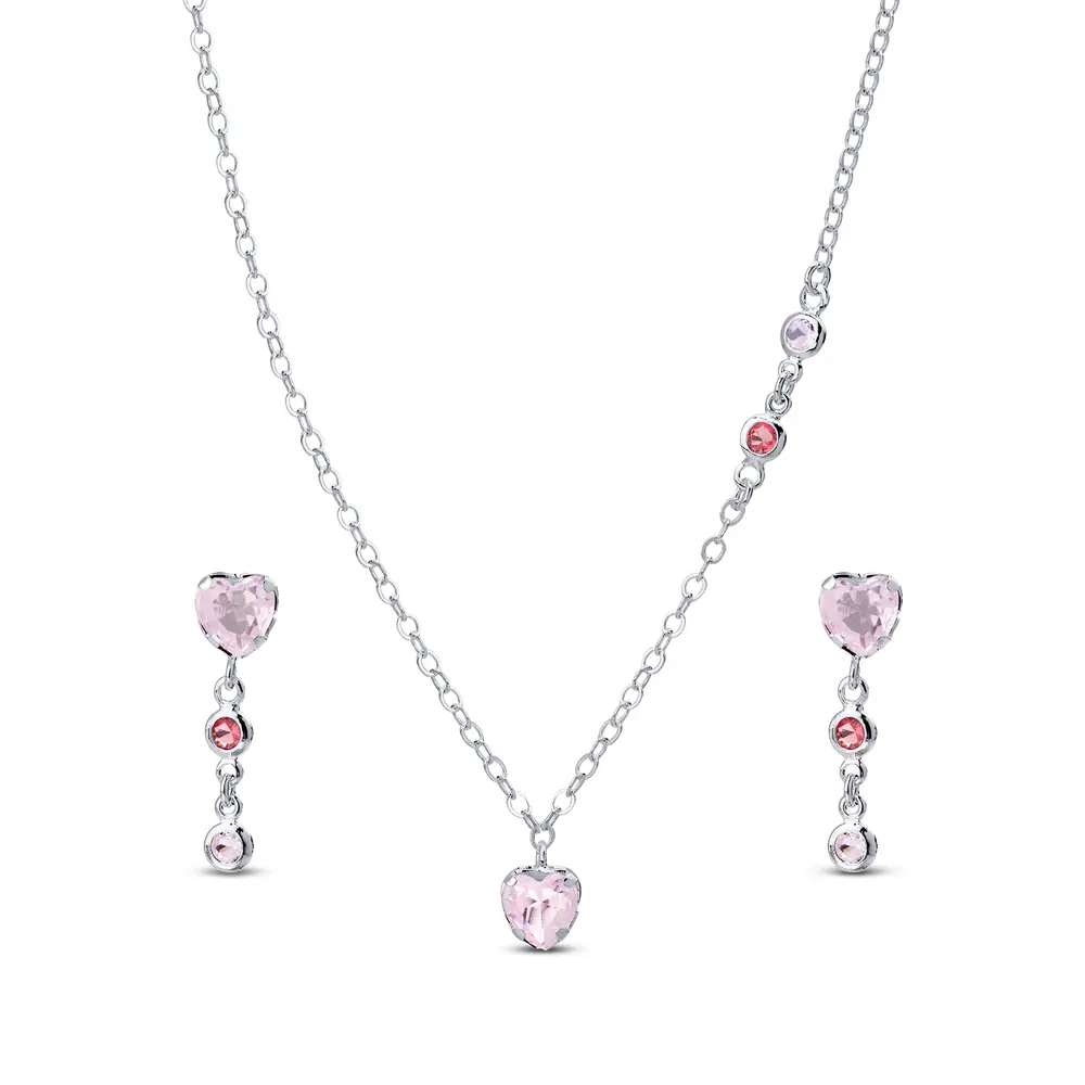 Conjunto Prata Leve Coração com Zircônia Rosa
