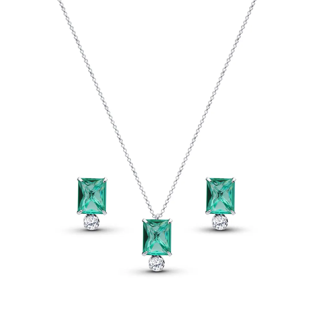 Conjunto Prata Leve Zircônia Verde Quadrada