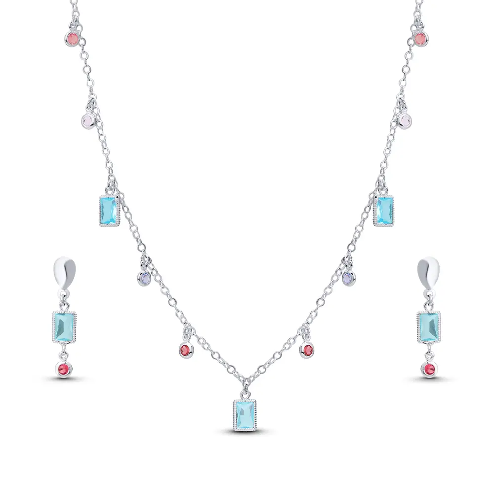 Conjunto Prata Leve Zircônias Coloridas