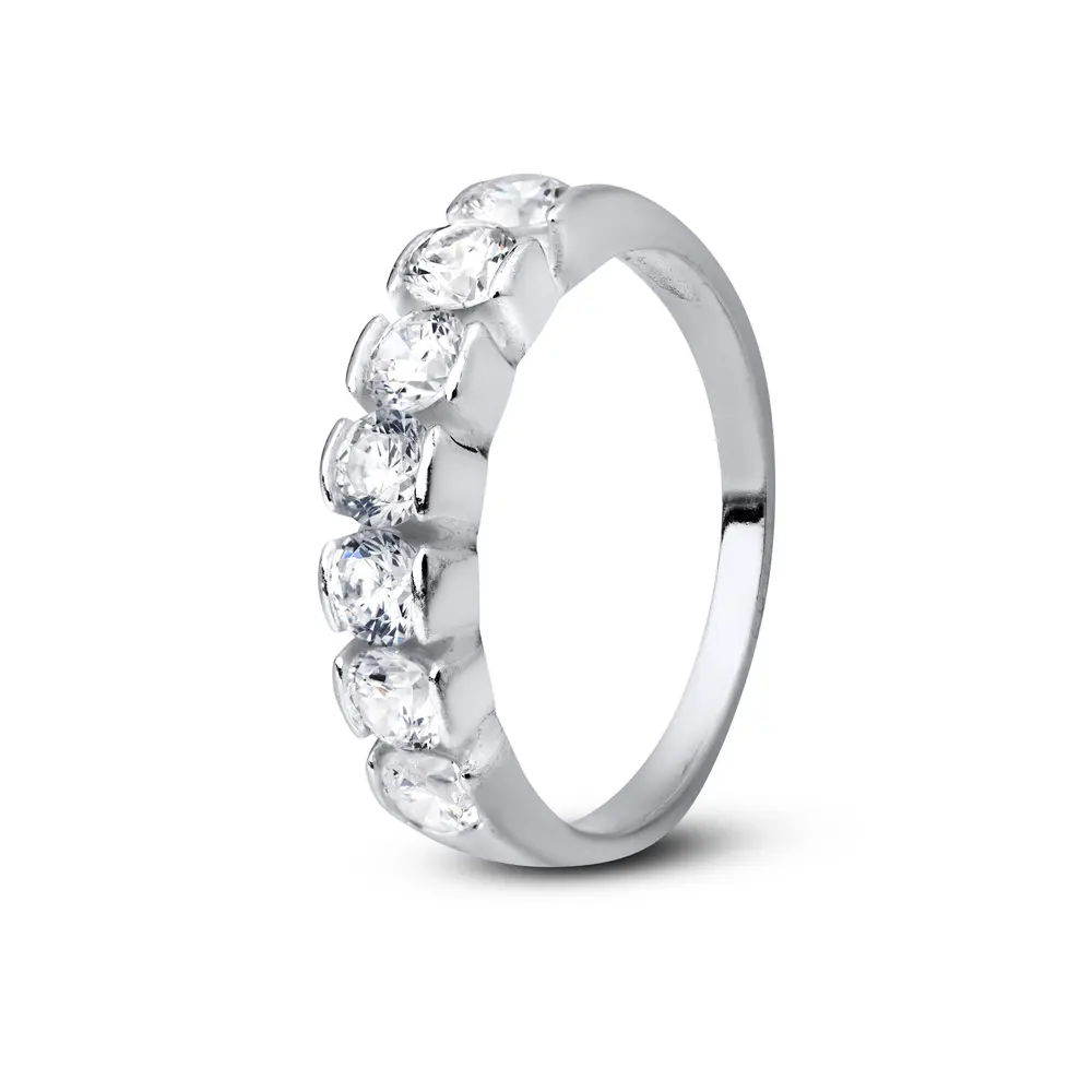 Anel Prata Meia Aliança Zircônias Redondas Grandes