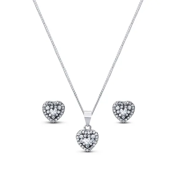 Conjunto Prata Rodinada Clássico Coração Cravejado
