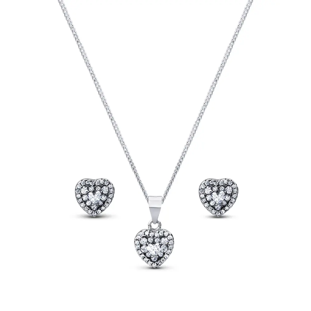 Conjunto Prata Rodinada Clássico Coração Cravejado