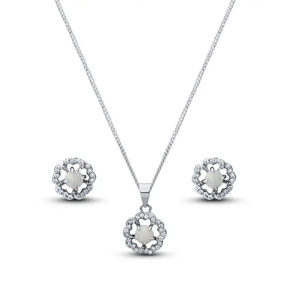 Conjunto Prata Rodinada Clássico Flor com Zircônia Furta Cor