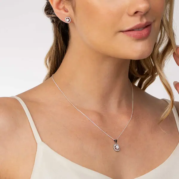 Conjunto Prata Rodinada Clássico Flor com Zircônia Furta Cor