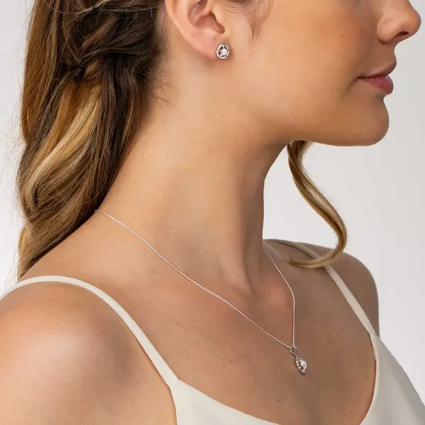 Conjunto Prata Rodinada Clássico Flor com Zircônia Furta Cor