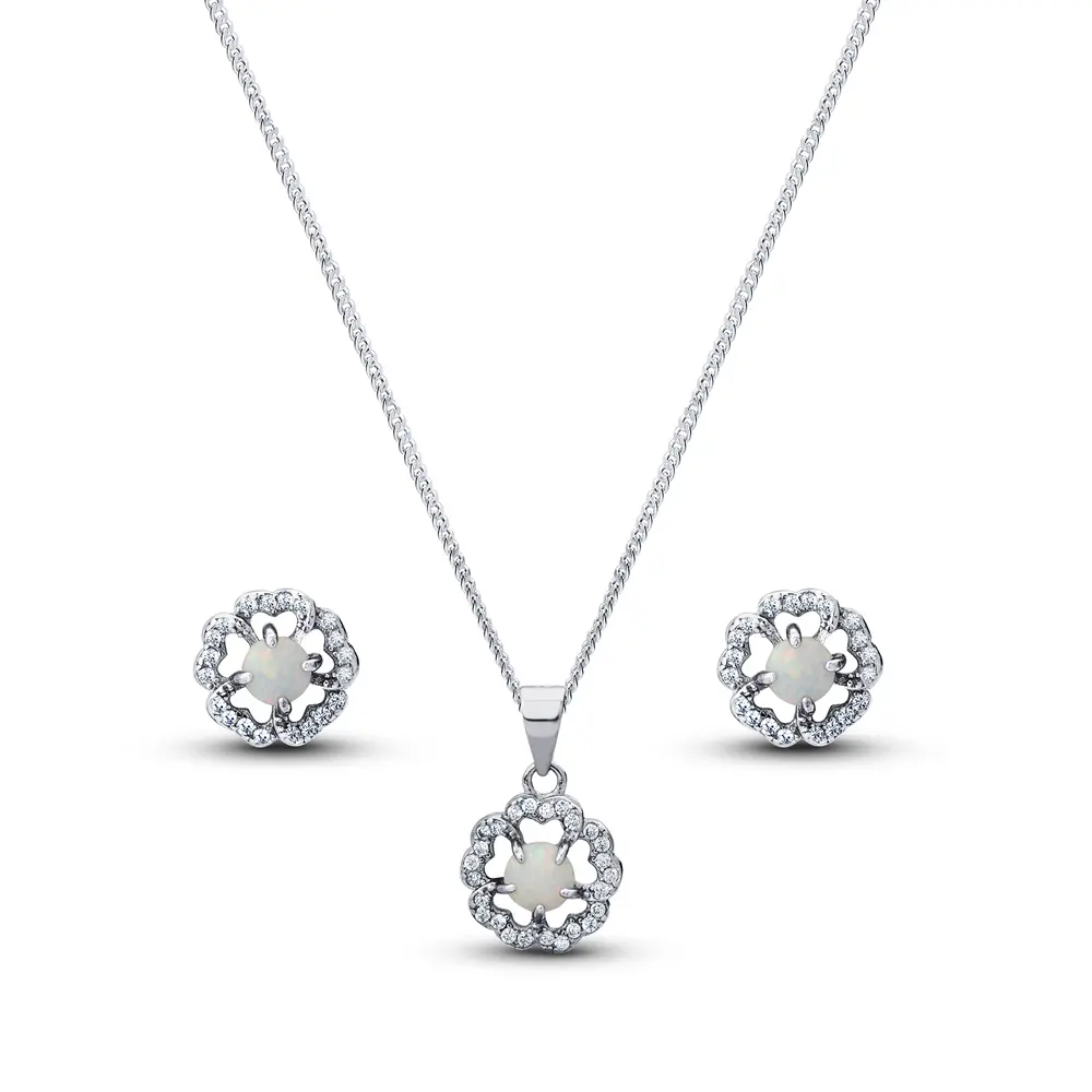 Conjunto Prata Rodinada Clássico Flor com Zircônia Furta Cor