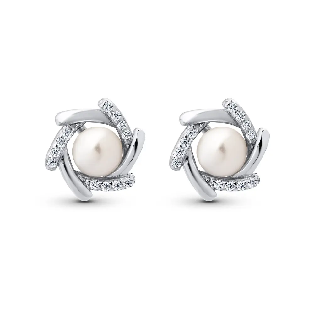 Brinco Prata Rodinada Redondo Pérola e Zircônias