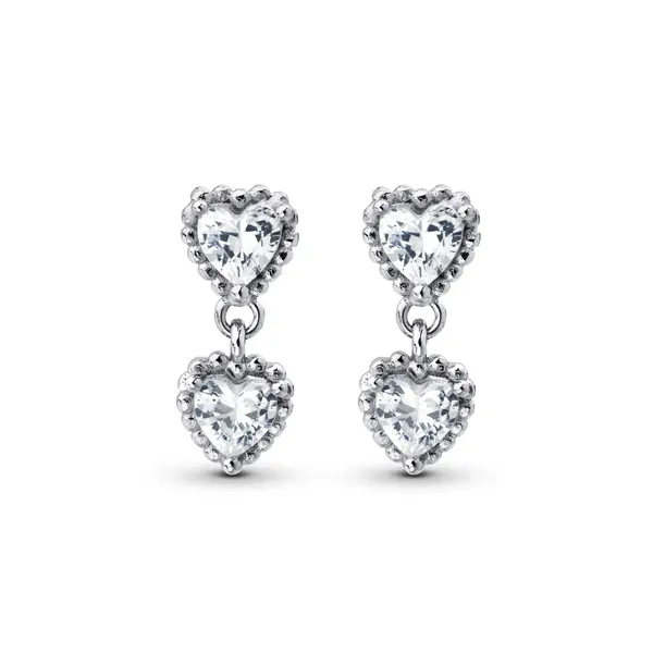 Brinco Prata Rodinada Dois Corações com Zircônia P