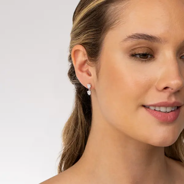 Brinco Prata Rodinada Dois Corações com Zircônia P