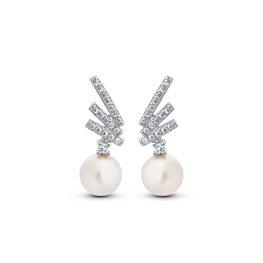 Brinco Prata Rodinada com Zircônias e Pérola